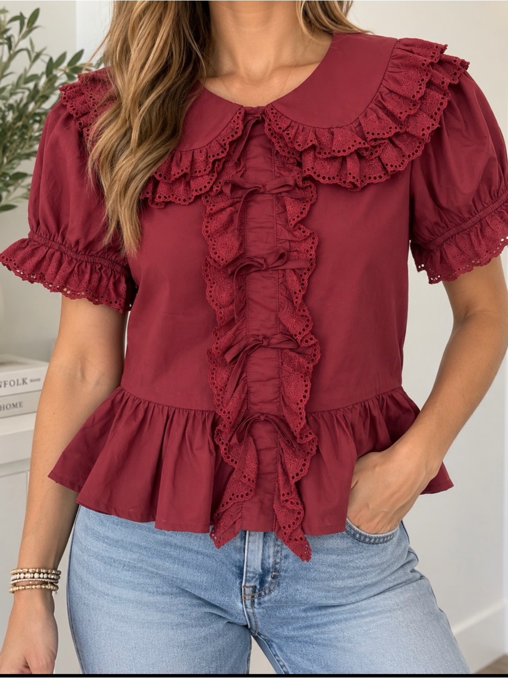 Sofie The Label Burgundy Eyelet Ruffle Collar Puff Sleeve Blouse S